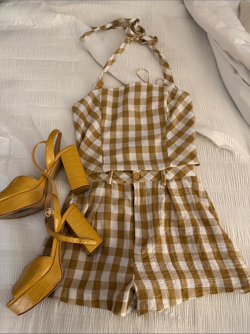 Gingham Tie-Strap Romper in Mustard and White